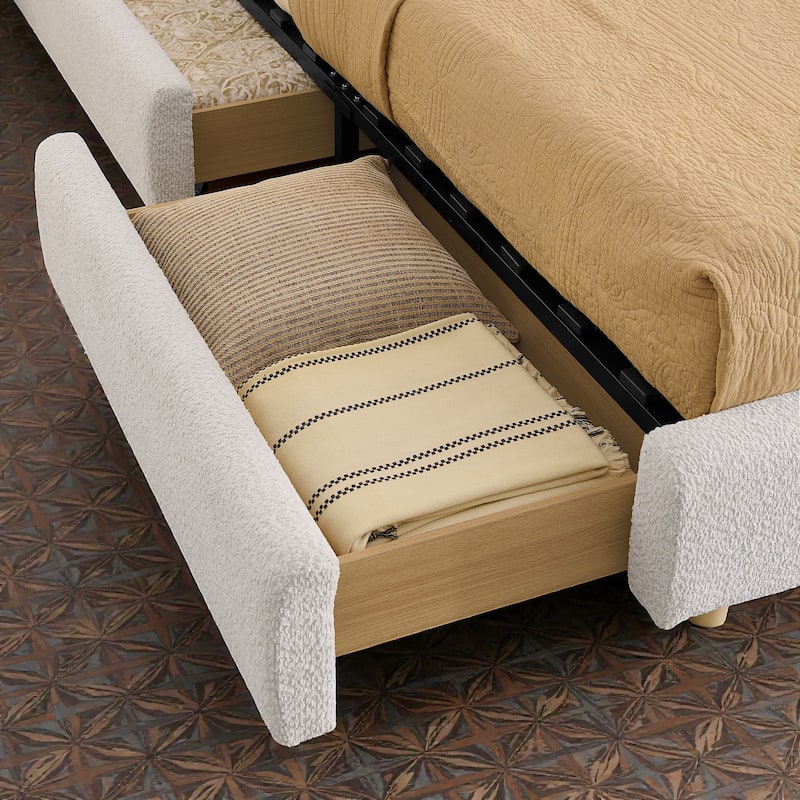 Upholstered Bed Frame with Tall Curved Headboard and Storage Drawers, Modern Minimalist Platform Bed No Box Spring