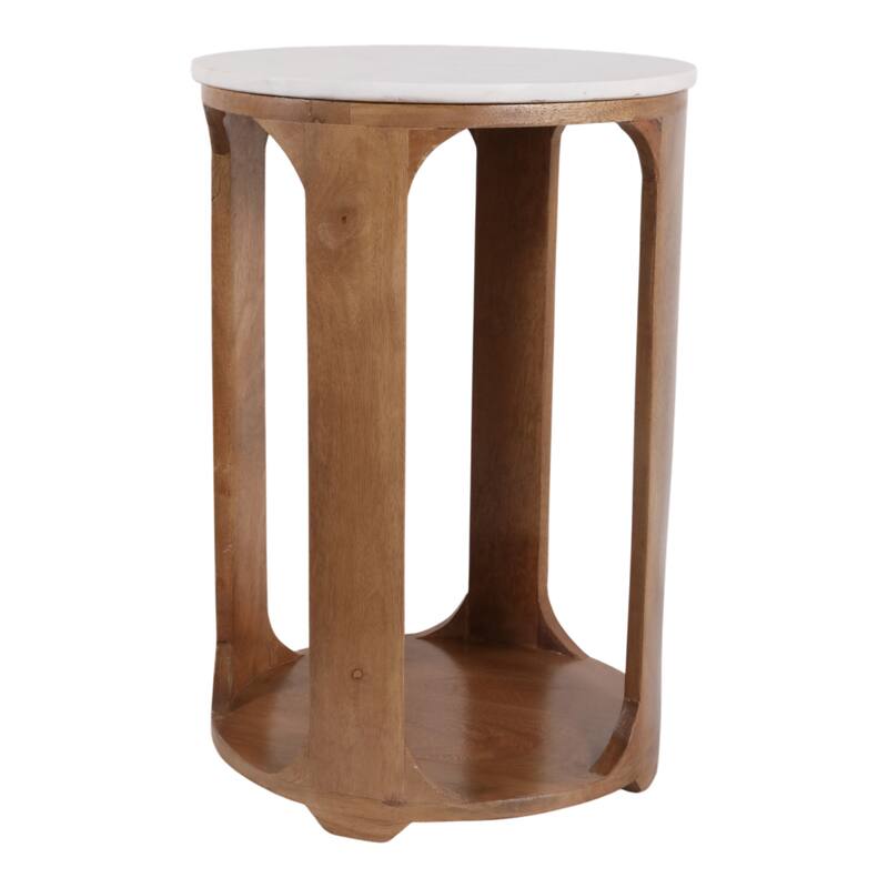 Modern Round Stone Top Accent Table with Wood Base - 22", Brown