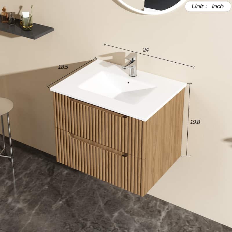 Modland 24" Wall-Mount Bathroom Vanity with Soft-Close Drawers & U-Shape Design - With/Without Sink, Walnut