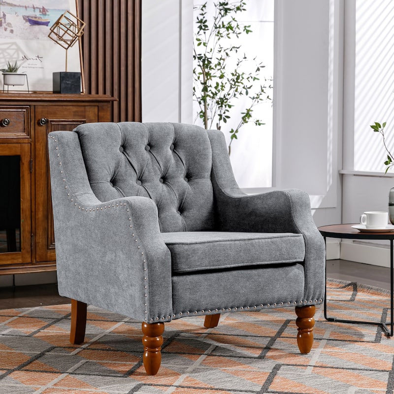 Button Tufted Upholstered Accent Armchair with Footrest And Vintage Brass Studs