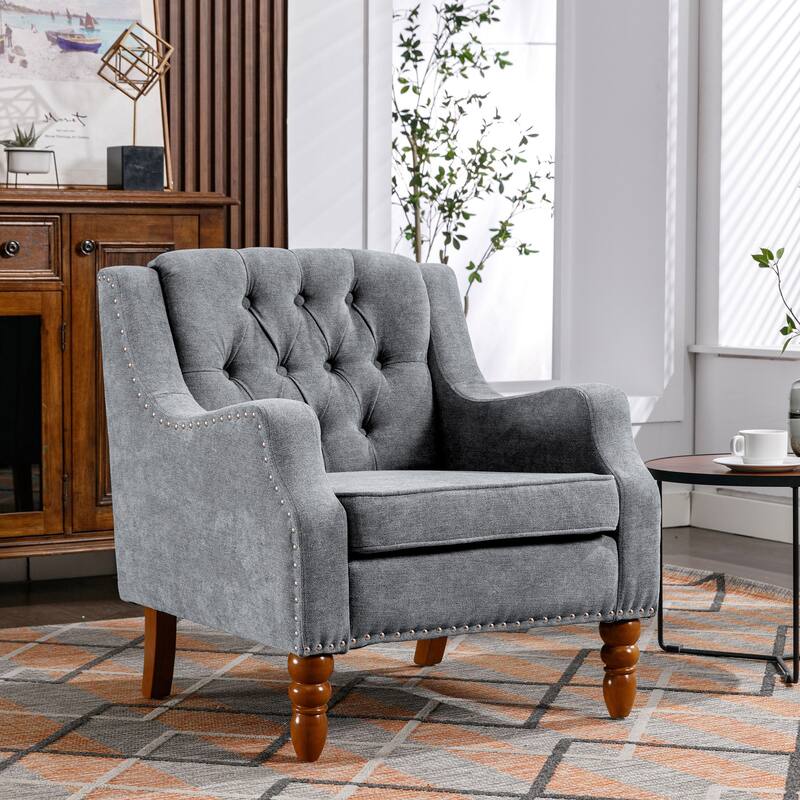 Linen Fabric Upholstered Accent Chair, Vintage Single Sofa Chair with Rivet Trim, Living Room Reading Chair with Wooden Legs