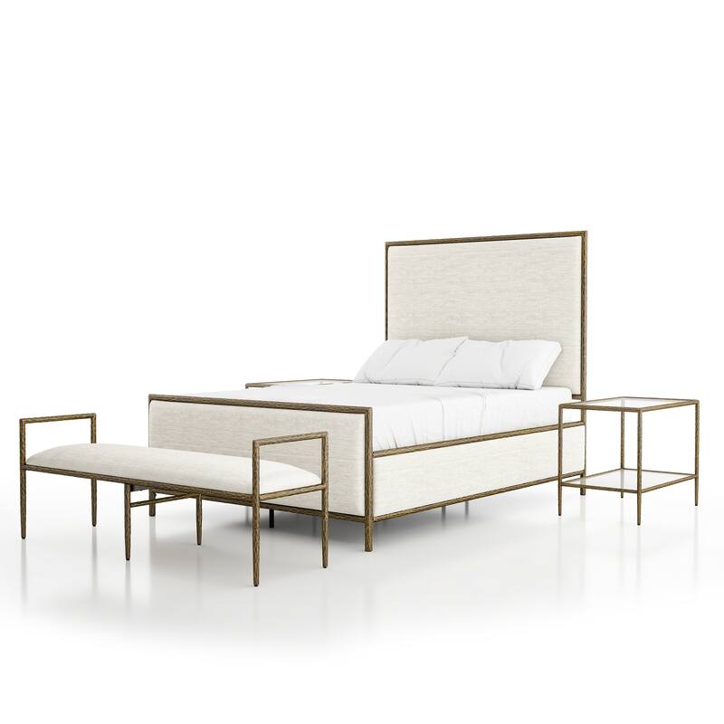 247 Shop At Home Lalia Modern 4-Piece Upholstered Hammered Metal Panel Bedroom Set with 2 Nightstands and Bench