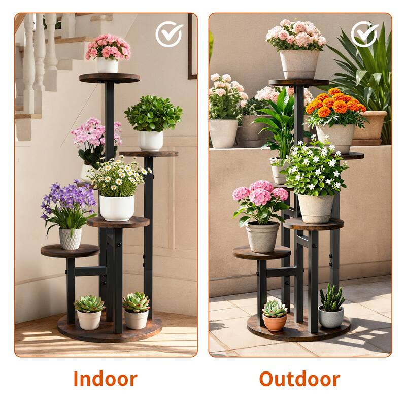 Iron Wood 5-Tier Plant Stand Round Corner Flower Shelf Indoor Outdoor