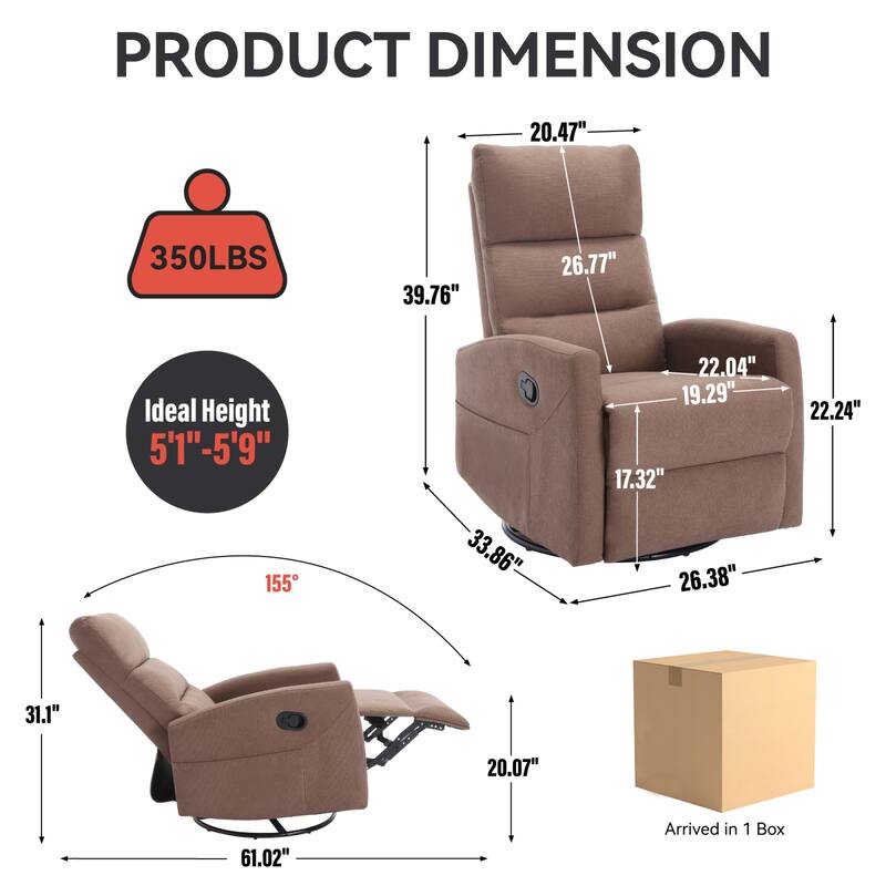 Roomfitters Swivel Rocker Recliner Chair Manual 360 Degree Glider Lounge Sofa Padded Fabric Armchair for Living Room