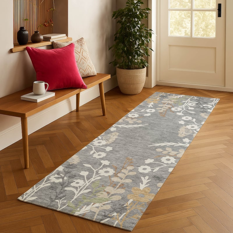 Machine Washable Indoor/ Outdoor Floral Border Chantille Rug