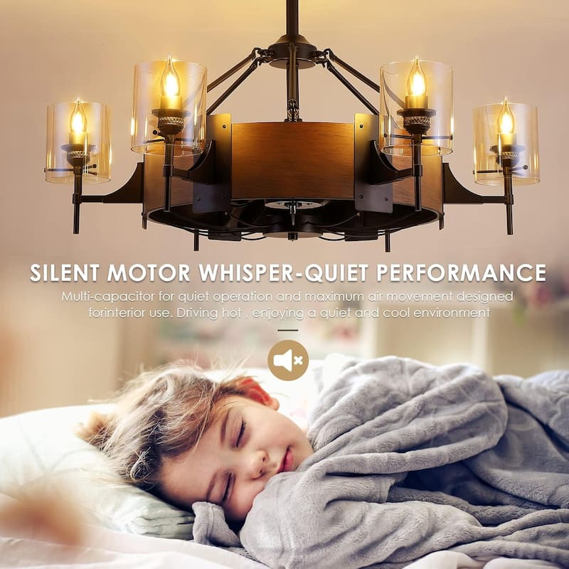 Kviflon 39.5 Inches Wood Grain Farmhouse Fandelier Ceiling Fan with Remote,6 E26 Bulbs Base,DC Motor - 39.5 Inches