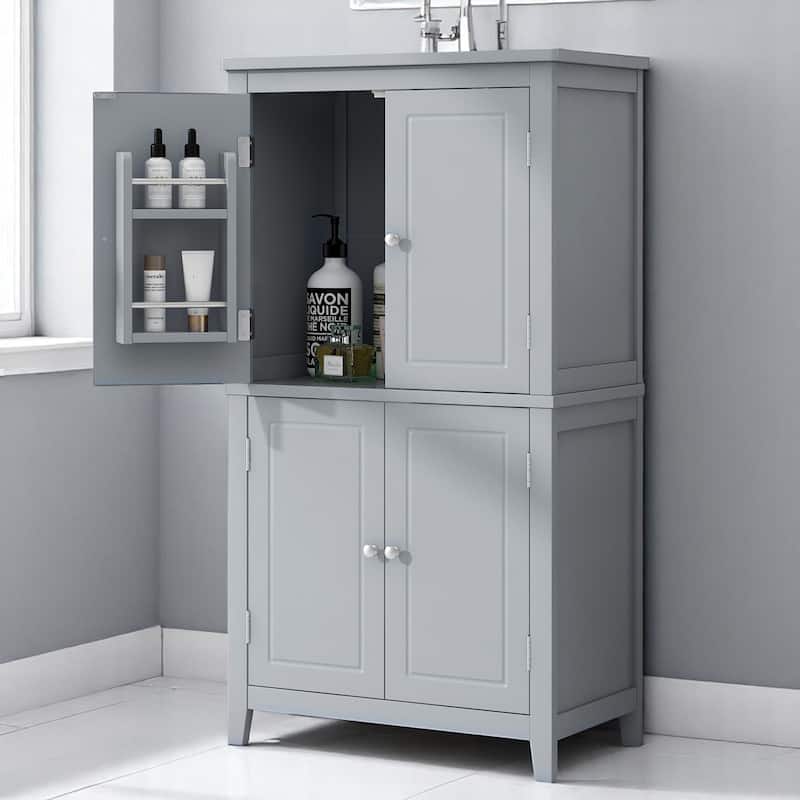 Tall Bathroom Floor Cabinet with Adjustable Shelves, Freestanding Storage Unit with 4 Doors