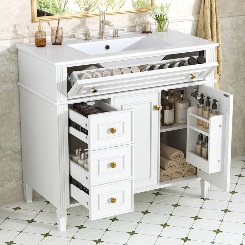 Roomfitters 36" Bathroom Vanity with Sink, Solid Wood Frame, Flip-Out Drawer, 3 Drawers & Soft-Close Doors