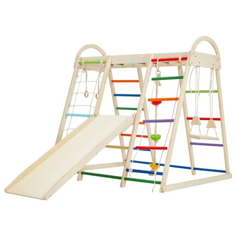 EROMMY 8-in-1 Wooden Climbing Gym for Kids - Indoor Playground Set with Slide, Monkey Bars, Climbing Wall, Wood & Rope Ladder