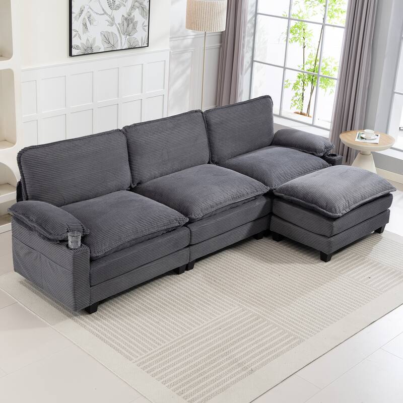 L-Shaped Modular Sectional Sofa with Ottoman, Oversized Corduroy Upholstered Cloud Couch with Cup Holders & Side Pockets