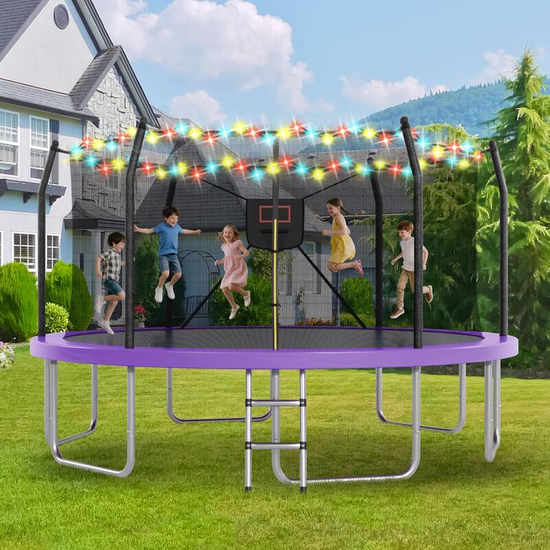 16FT Trampoline with Lights and Basketball Hoop, Outdoor Recreational 16" Trampoine for Kids and Adults - Purple