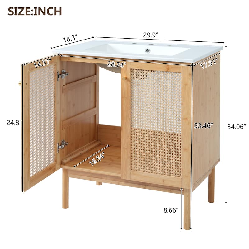 Roomfitters 30" Bathroom Vanity with Ceramic Sink, Handmade Rattan Doors and Soft-Close Hinges, Wood