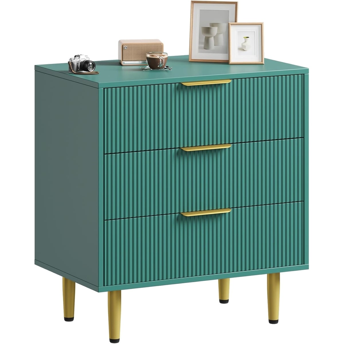 3-Drawer Fluted Wooden Dresser with Metal Handle & Feet