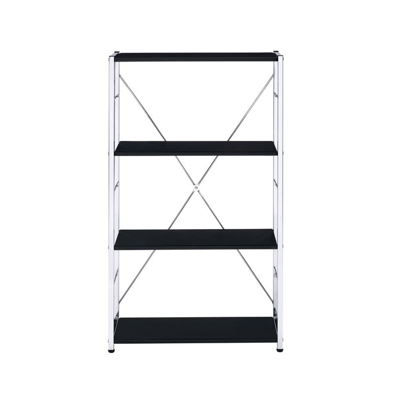 Space-Saving Metal and Wood Etagere Bookcase with Four Fixed Shelves for Living Room or Office - Black-Silver