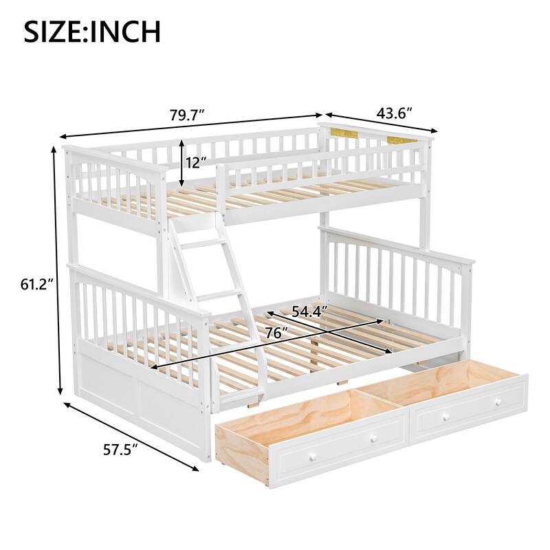 Wooden Storage Bunk Bed Frame with Fence-shaped Guardrails and Pull-out Drawers, Convertible 2 Platform Beds, Detachable Design