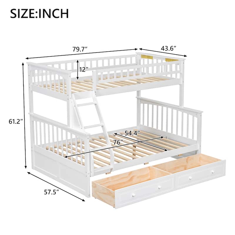 Wooden Twin over Full Bunk Bed with 2 Drawers, Detachable into 2 Beds, Solid Pine Wood Bunk Bed Frame with Fence Guardrail