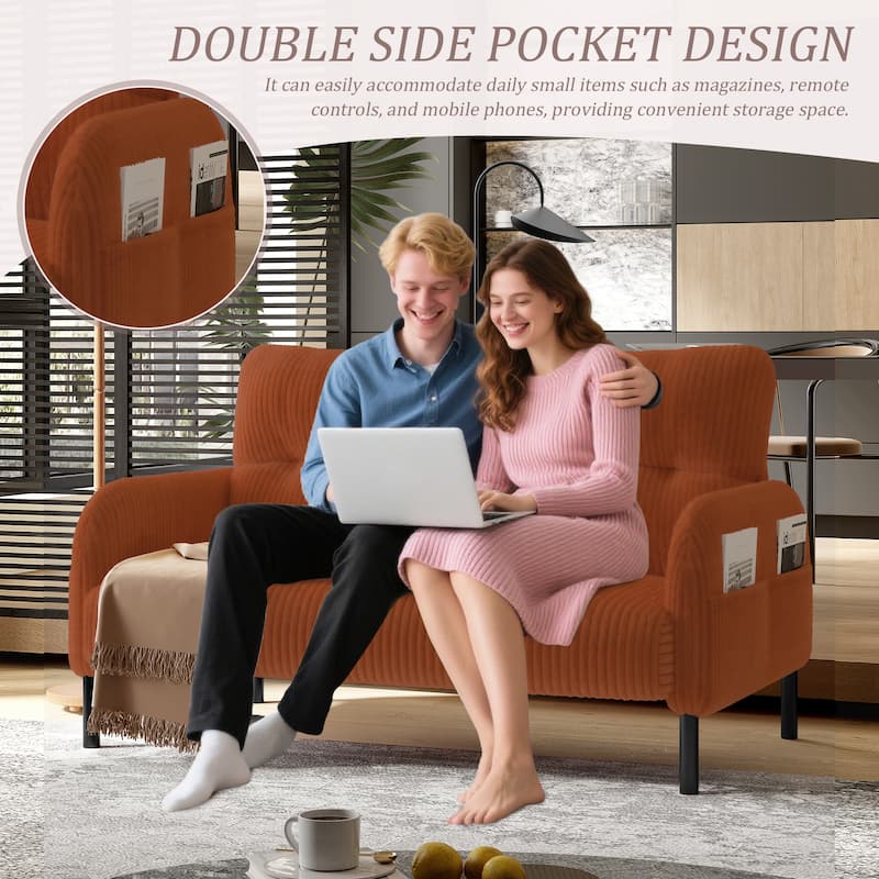 HOMEFUN Corduroy Upholstered Tufted Comfortable Wood Frame Loveseats Sofa with Double Side Pocket