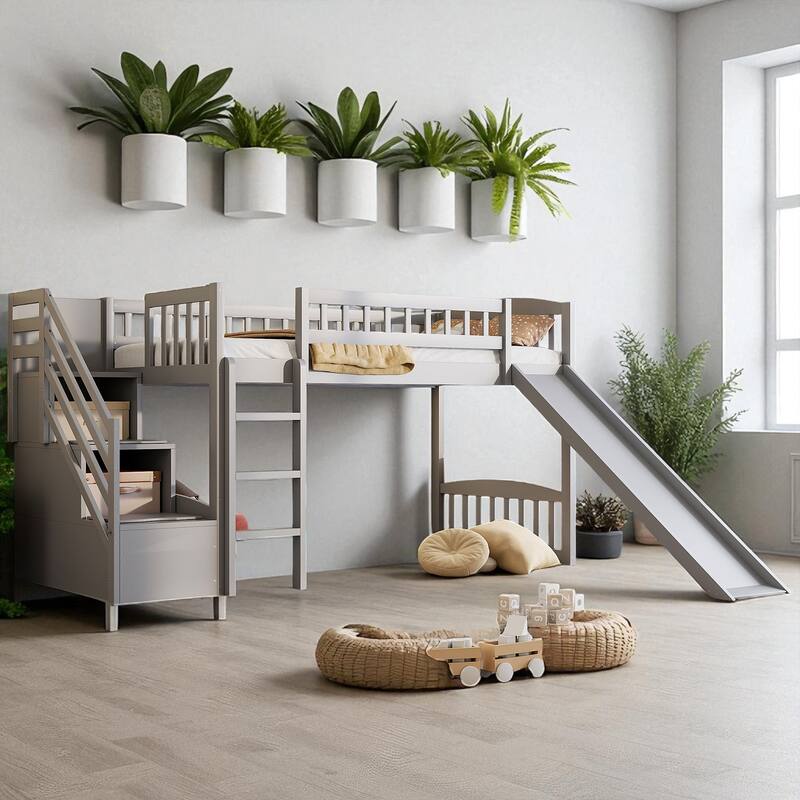 Twin Size Loft Bed with Slide and Storage Stairs, Convertible Ladder and 2 Drawers, Wood Frame - Grey - Twin