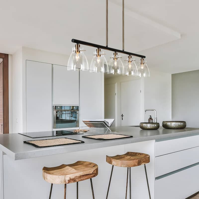 Modern Farmhouse 5-Light Black Gold Chandelier Linear Island Pendant Light for Dining Room - 38"L x 5"W x 7.5"H