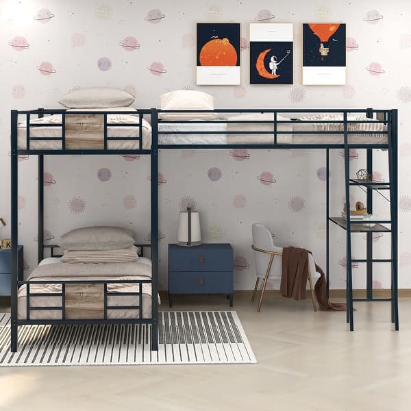 slide 2 of 11, L-Shaped Twin Bunk Bed with Loft and Desk for Space Efficiency Brown