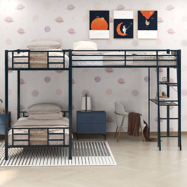 slide 2 of 11, Modern L-Shaped Twin Size Triple Bunk Bed with Desk and Shelf, Brown Brown