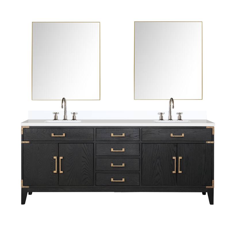 Laurel 60 in W x 22 in D Black Oak Double Bath Vanity, White Quartz Top, Faucet Set, and 28 in Mirrors