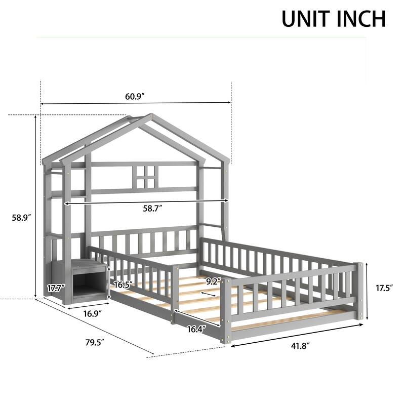 Twin Size Pine Wood House-Style Headboard Floor Bed with Fence Guardrails without cushion