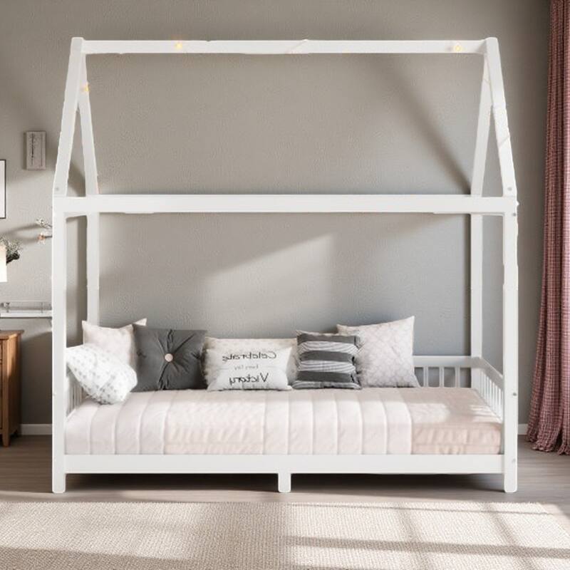 Kids Wooden Bed with Roof and Fence Style Frame, LED Lights and Full Guardrail Design - Twin White - Twin