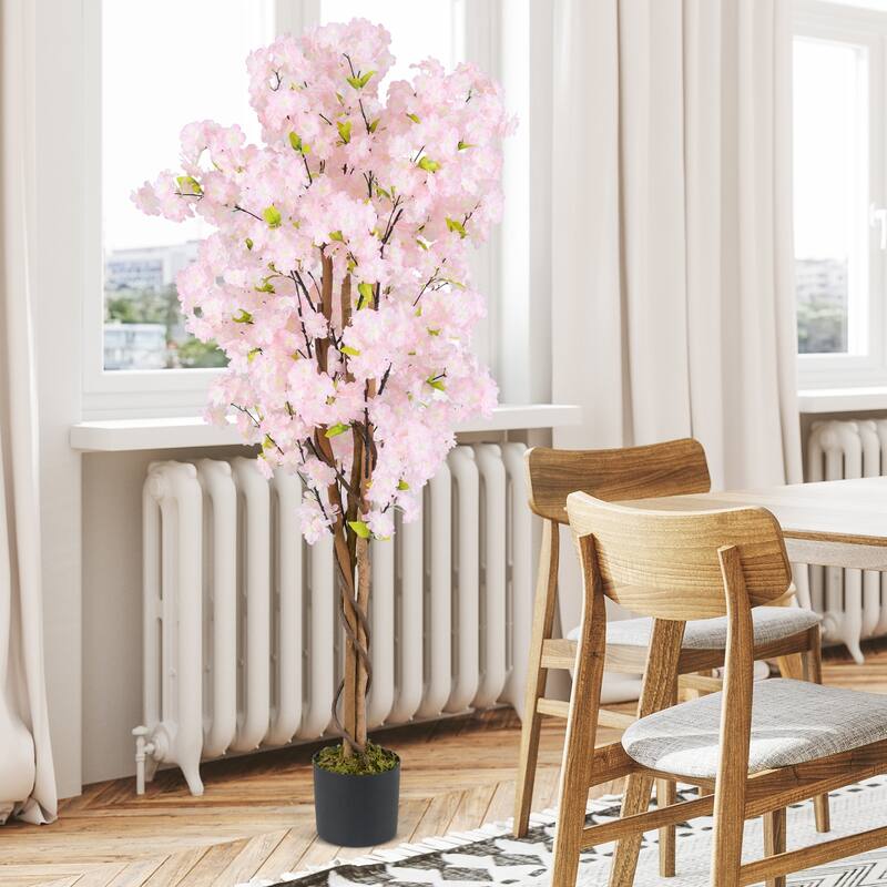 Gymax 2PCS 5 FT Tall Artificial Cherry Blossom Tree Faux Flower Plant