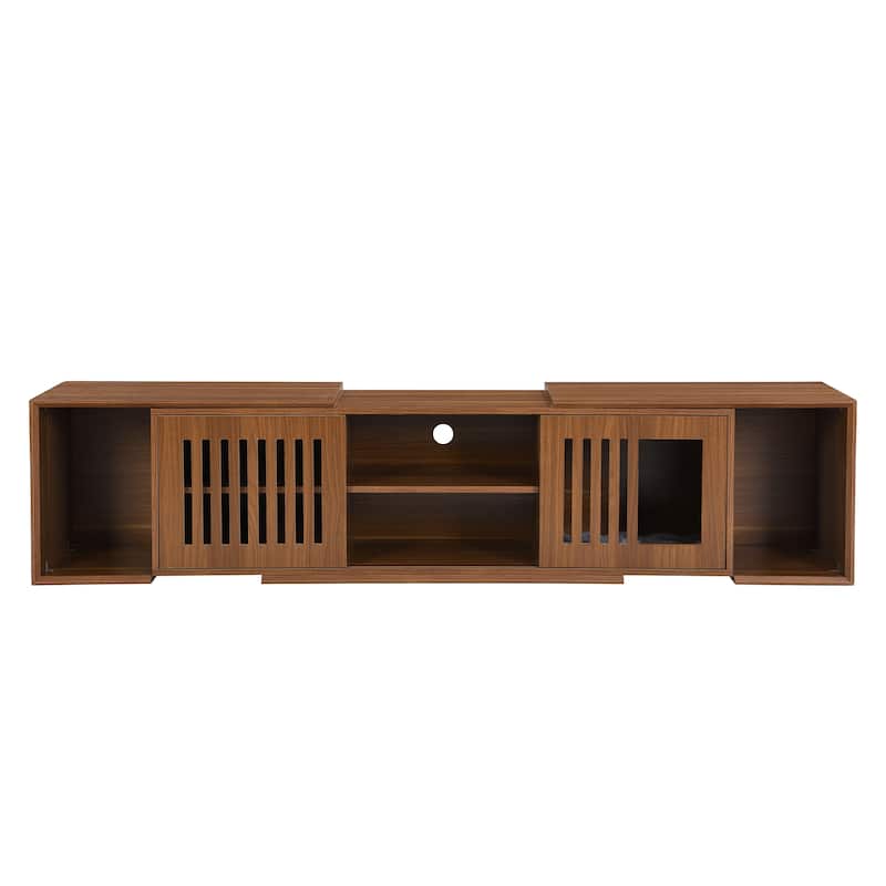 TV Stand with Slatted Doors, Cat-Friendly Private Compartments, Wood Media Console with Adjustable Length