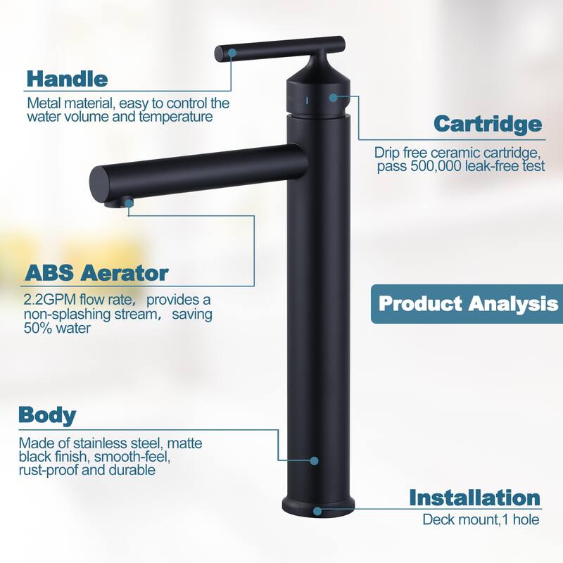 WOWOW Single Handle Single Hole Bathroom Faucet with Drain Kit Included in Matte Black