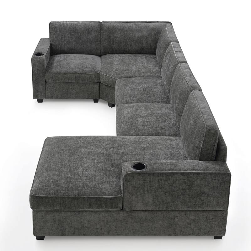 119" U Shaped Sectional Sofa, 6 Seat Oversized Chenille Corner Couch Set with Chaise Lounge and Cup Holders