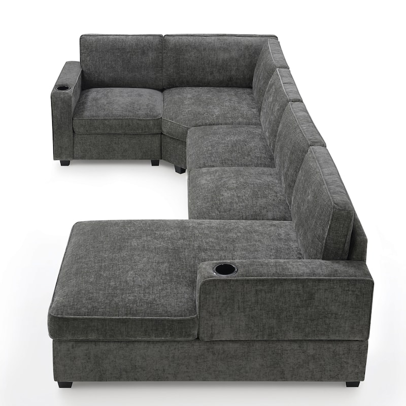 U-Shaped Sectional Sofa Sleeper Bed Chaise Lounge with Cup Holders