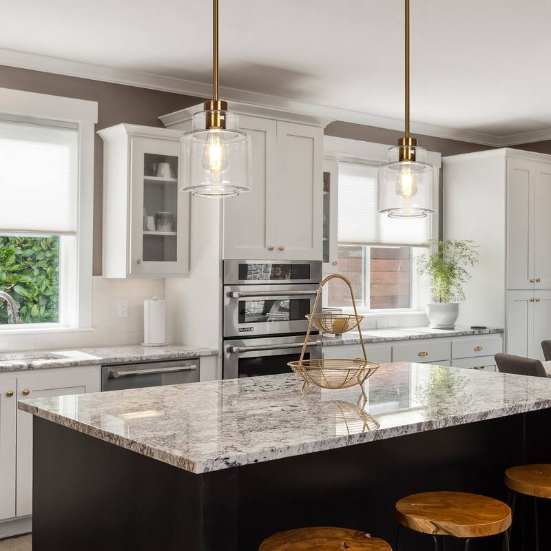 Cavitt Modern Mini 1-Light Clear Glass Drum Pendant Abstract Brass Gold Adjustable Kitchen Island Lighting
