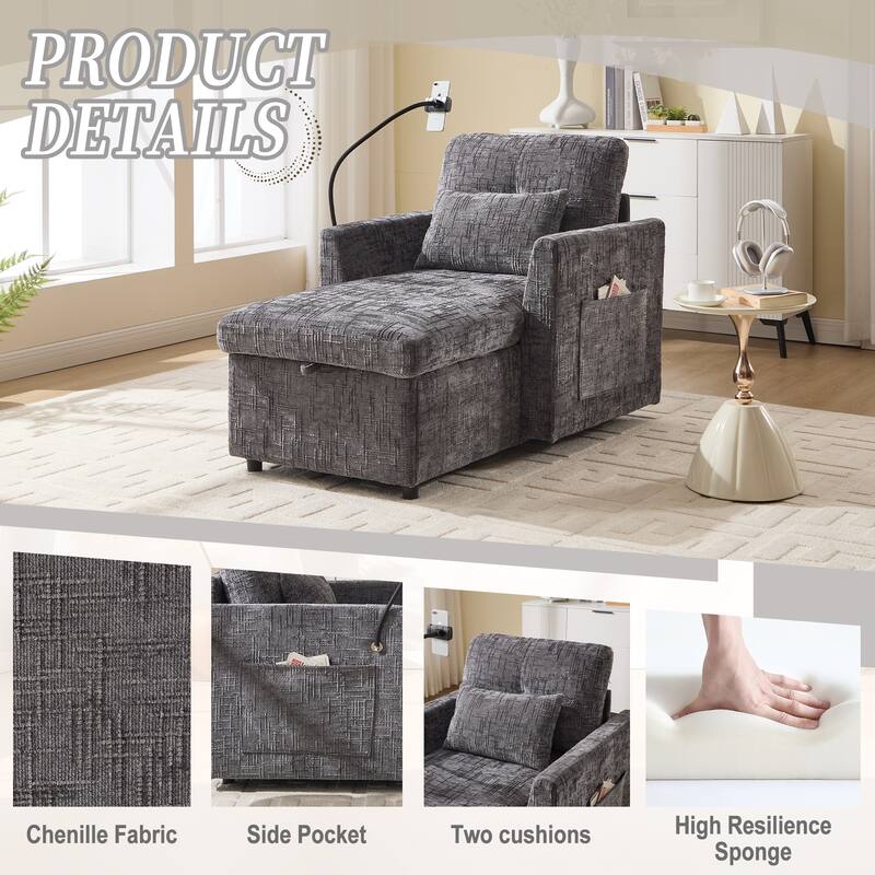 Anmytek Chenille Multifunctional Lazy Sofa Recliner with Storable Backrest Phone Holder Single Leisure Chair
