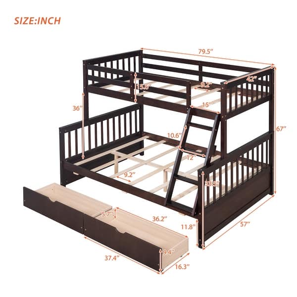 dimension image slide 0 of 4, Space-Saving Twin Over Full Bunk Bed with Drawers, Solid Wood Frame with Guardrails and Ladder, Detachable into 2 Platform Beds
