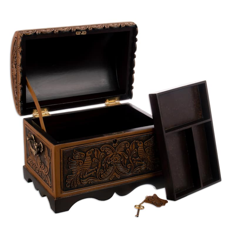 Novica Handmade Andean Flowers And Birds Cedar And Leather Decorative Box