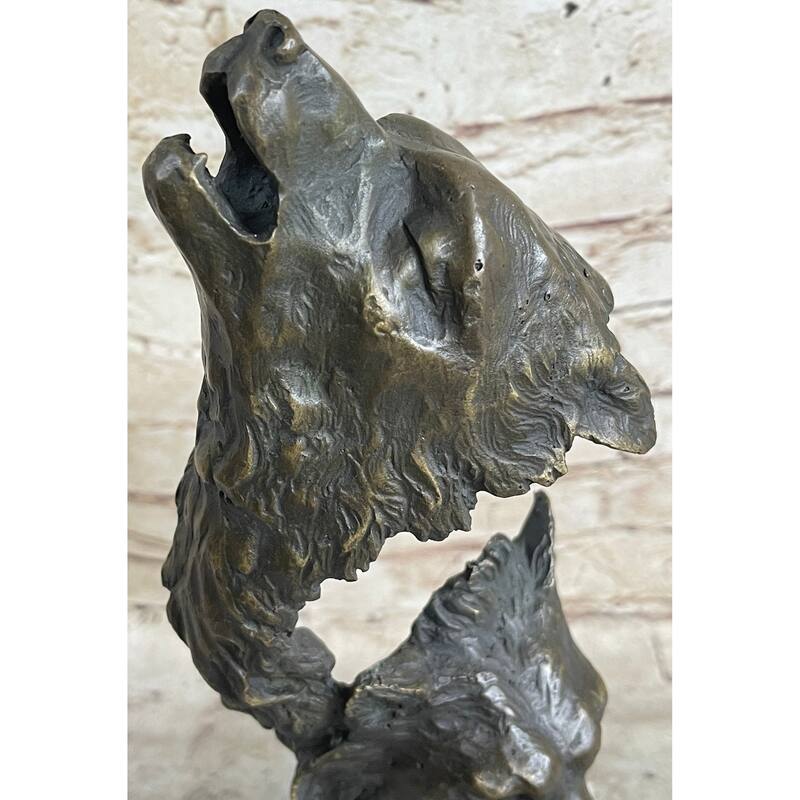Signed Original Kanaev Two Wolves Imitative Wolf Head Wildlife Bust Bronze Sculpture Gift