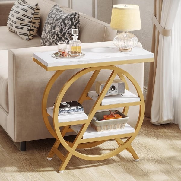 3-Tier End Table Side Table with Storage for Living Room - white and gold