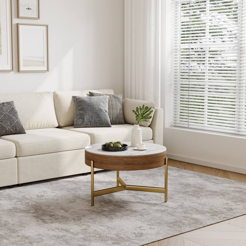 Modern Coffee Table, Lifting-top Round Coffee Table with Storage, Sintered Stone Top, Carbon Steel Legs