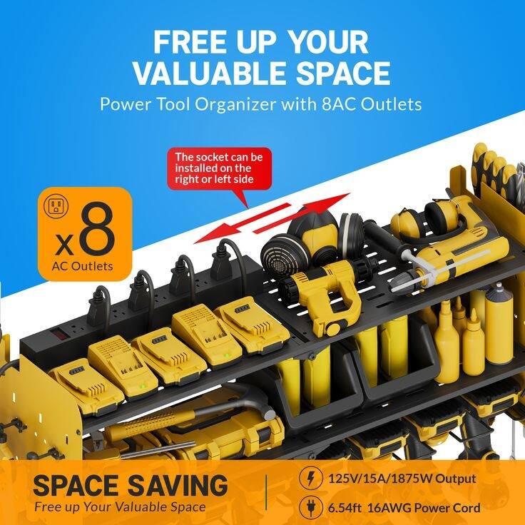 Power Tool Organizer with Charging Station Garage 8 Drill Holders Wall Mount with 8 Outlets Power Strip