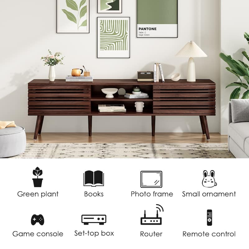 Mid Century Modern TV Stands for up to 70" TV with Storage, Fluted Wood TV Stand for Living Room, Boho Media Console