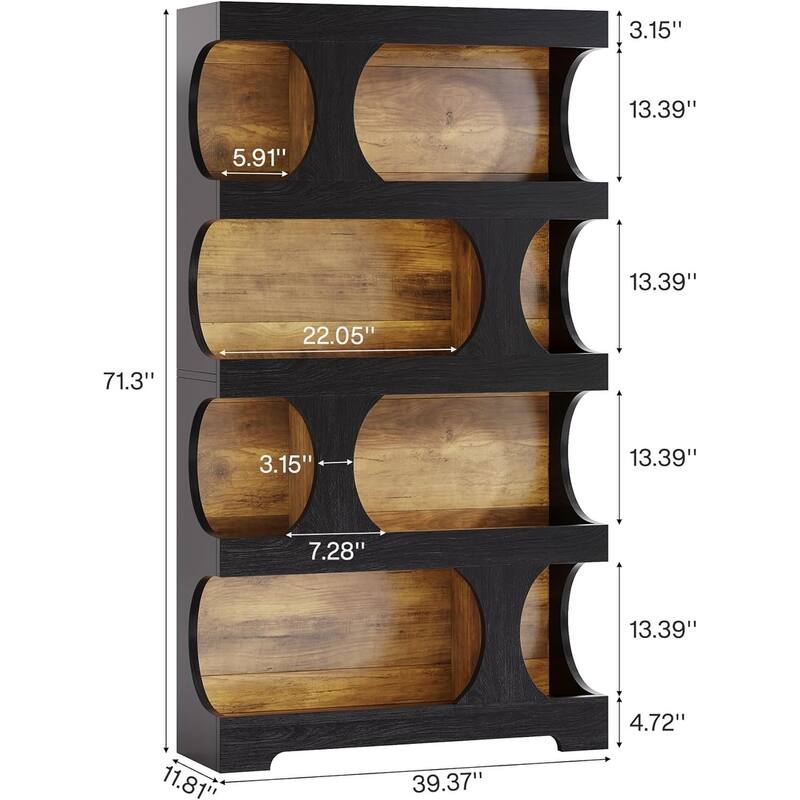 Black Wood 4-Tier Bookcase, 71” S-Shaped Tall Display Bookshelf