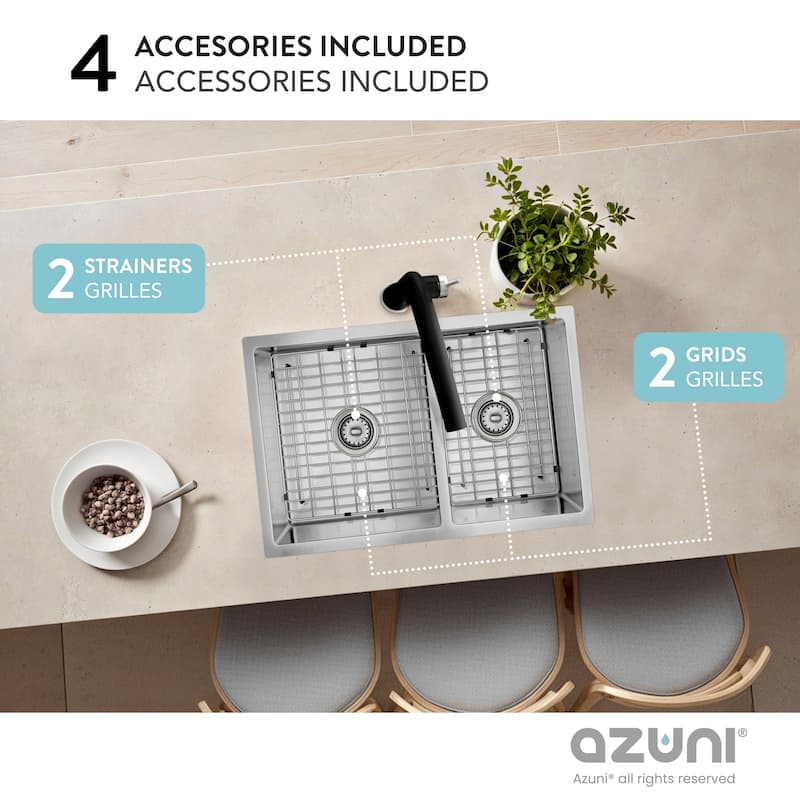AZUNI 27 inches L x 18 inches W Double Bowl 60/40 Dual Mount 16G Reversible Kitchen Sink with Grids and Basket Strainers