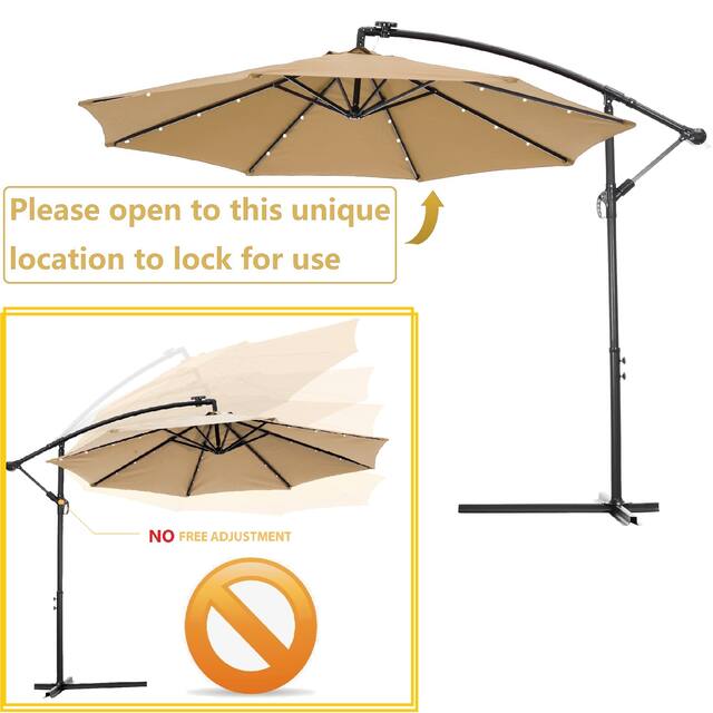 10 FT Solar LED Patio Outdoor Umbrella Hanging Cantilever Umbrella Offset Umbrella Easy Open Adustment with 24 LED Lights