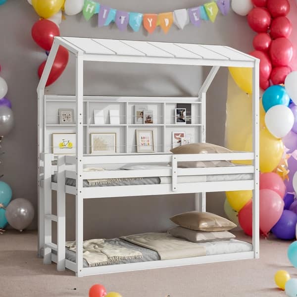 slide 2 of 27, Contemporary Twin House Loft Bed with Guardrails, Semi-enclosed Roof, Bedside Shelves and Ladder, Low Height Design, White White