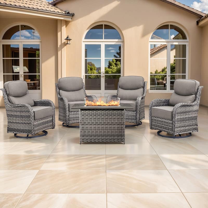 Pocassy Outdoor 6 Inch Sofa Chair Ottoman with Fire Pit Table Set - Grey Wicker Gray Cushion - 5 Pieces Swivel Chair with Fire Table