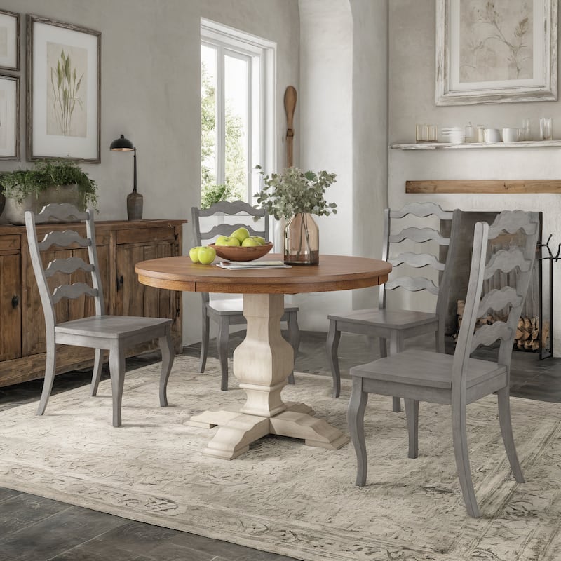 Ronda 45" Round Solid Wood Top Dining Set with French Ladder Back Chairs - Antique White Table - Antique Grey Chairs