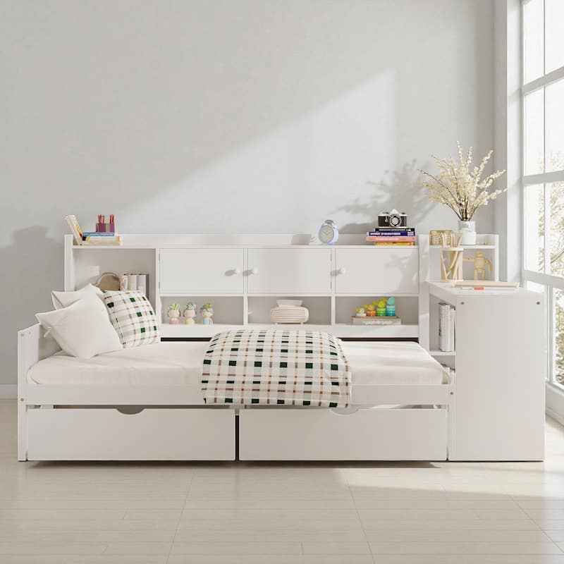 Wooden L-Shaped Daybed with Study Desk, Bookshelf, 7 Storage Cabinets and 2 Drawers, Multi-Functional Space-Saving Bed - White - Twin