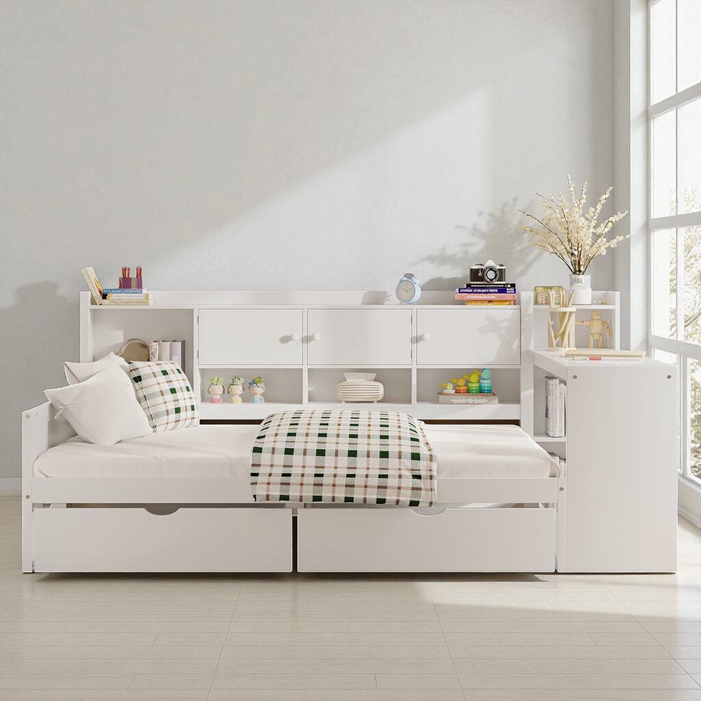 Wooden L-Shaped Daybed with Study Desk, Bookshelf, 7 Storage Cabinets and 2 Drawers, Multi-Functional Space-Saving Bed